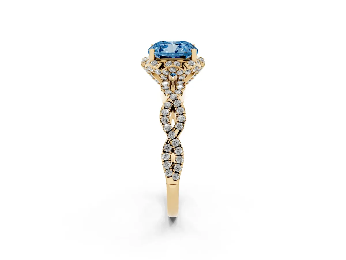 Fancy Blue Cushion Cut Halo Twist Band Solitaire Ring with Six-Prong Setting Yellow gold
