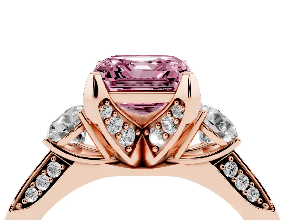Fancy Pink Asscher Cut Brilliant Three-Stone Diamond Ring with Pavé Band and Four-Prong Setting Rose gold