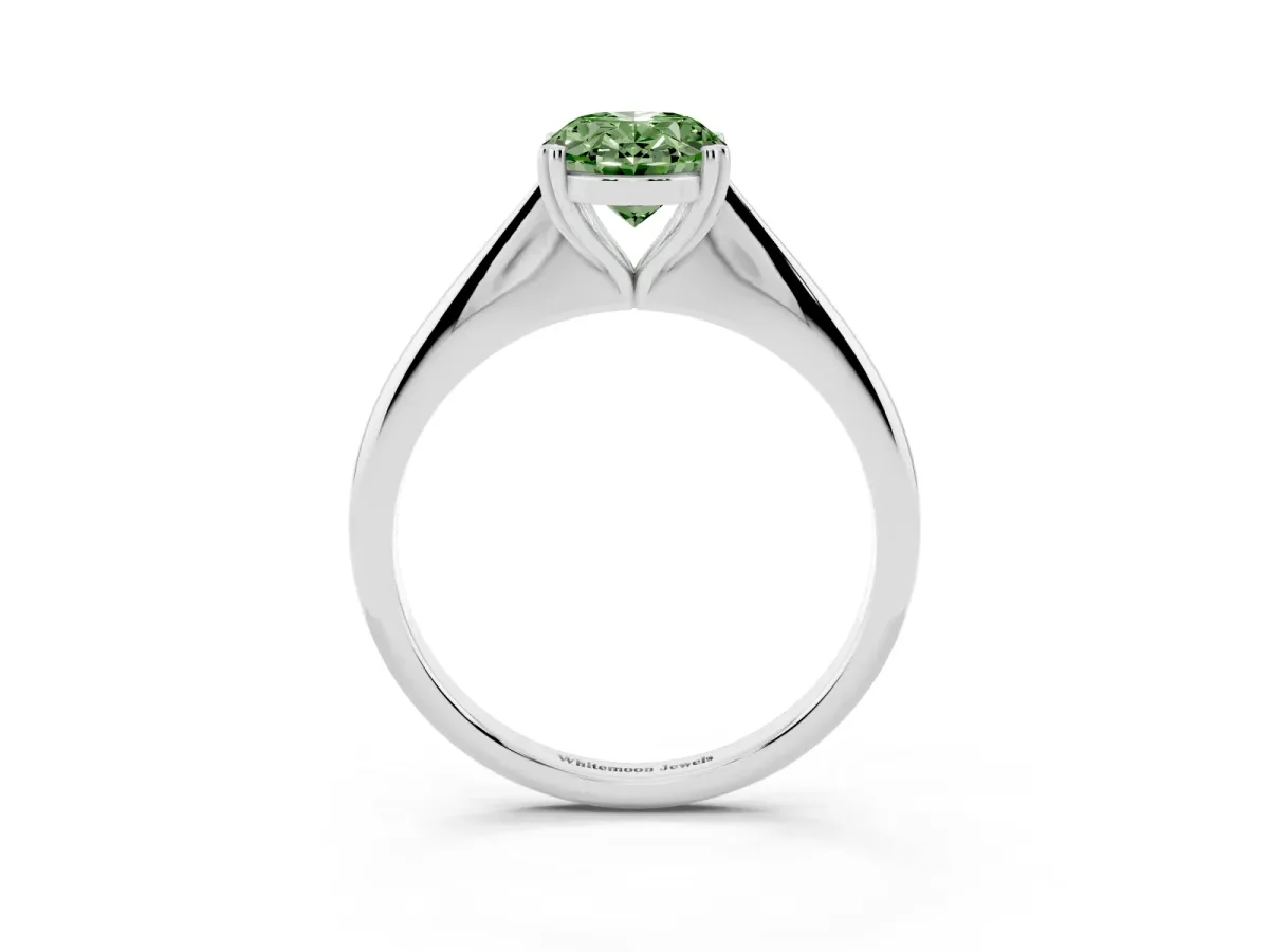 Fancy Green Oval Cut Solitaire Diamond Ring with Six-Prong Setting and Classic Band Silver