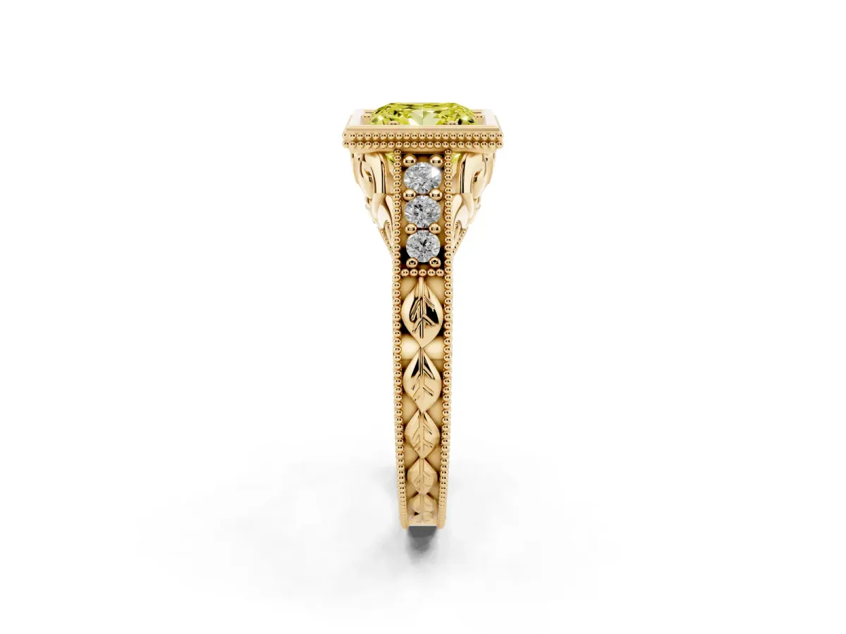 Fancy Yellow Bezel Set Princess Cut Diamond Milgrain Pave Engagement Ring Yellow gold