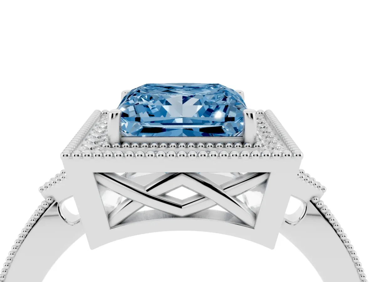 Fancy Blue Princess Cut Halo Round Diamond Milgrain Pave Engagement Ring Platinum