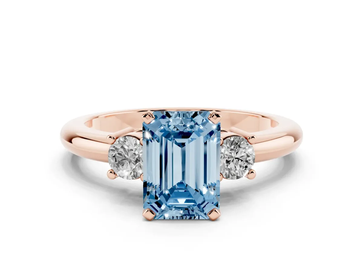 Fancy Blue Three-Stone Emerald Cut Cut Diamond Solitaire with Prong Setting and Classic Band Rose gold
