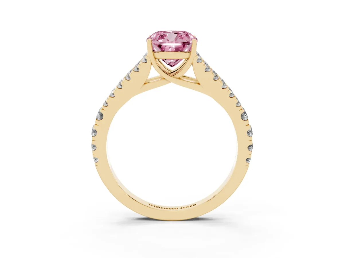 Fancy Pink Cushion Cut Diamond Split Shank Engagement Ring with Round Pavé and Prong Setting Yellow gold
