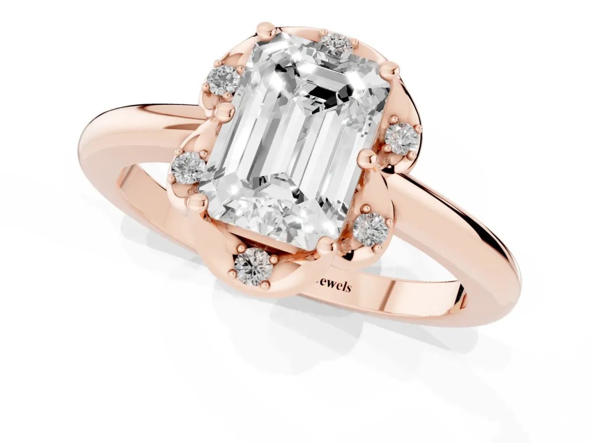 Emerald Cut Halo Diamond Ring with Round Cluster Setting, Solitaire Band, and Four-Prong Setting Rose gold
