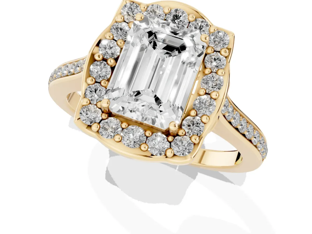 Emerald Cut Halo Round Diamond Pave Band with Four-Prong Setting Yellow gold