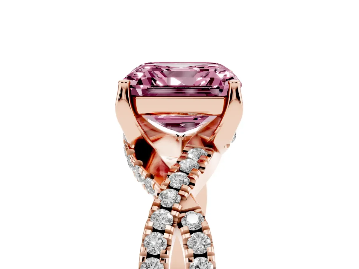 Fancy Pink Asscher Cut Solitaire Twist Pave Diamond Engagement Ring with Prong Setting Rose gold