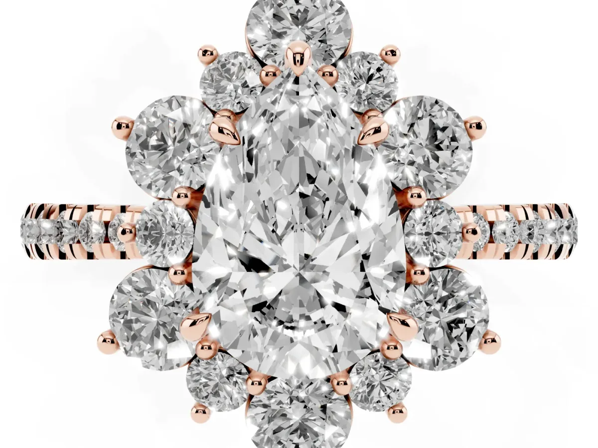 Pear Cut Diamond Floral Halo Ring with Round Pavé Band and Prong Setting Rose gold