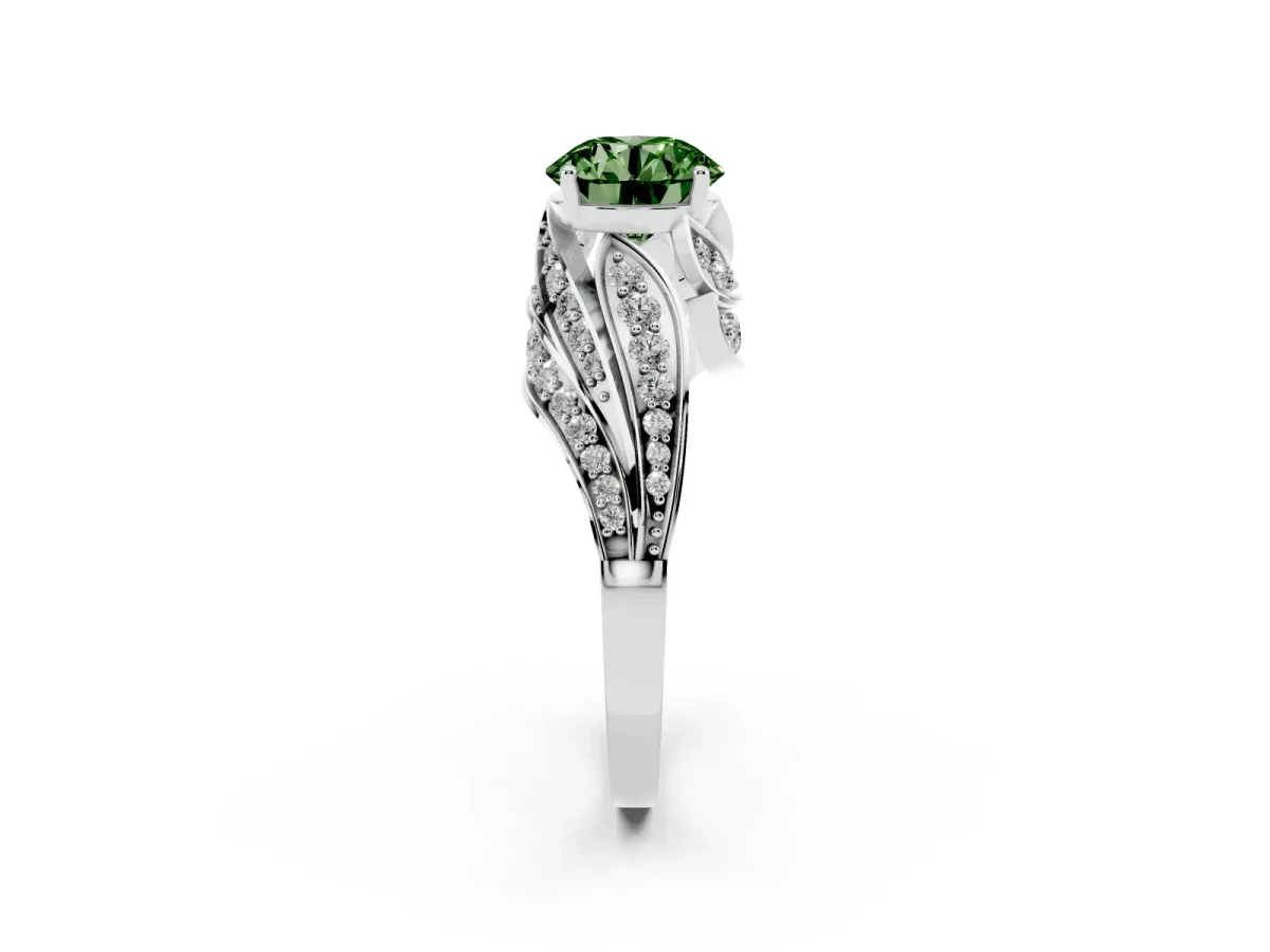 Fancy Green Round Cut Diamond Solitaire Ring with Prong Setting and Twisted Pavé Band Silver