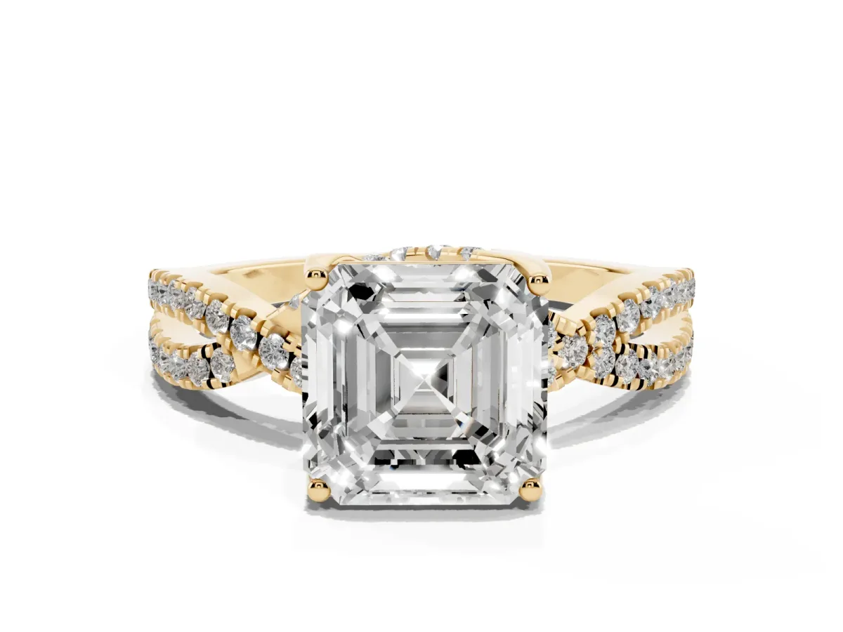 Asscher Cut Solitaire Twist Pave Diamond Engagement Ring with Prong Setting Yellow gold