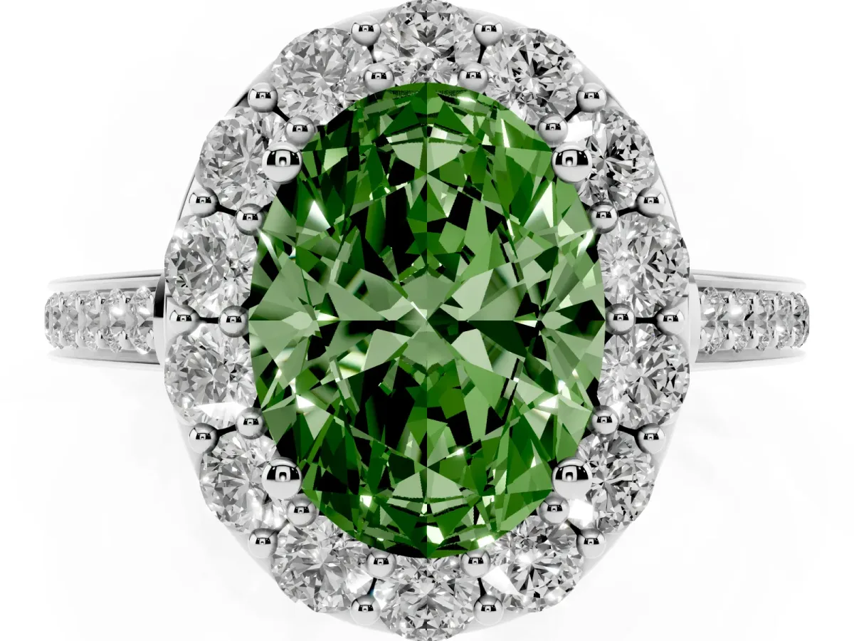 Fancy Green Oval Cut Diamond Floral Halo Ring with Pavé Band and Prong Setting White gold