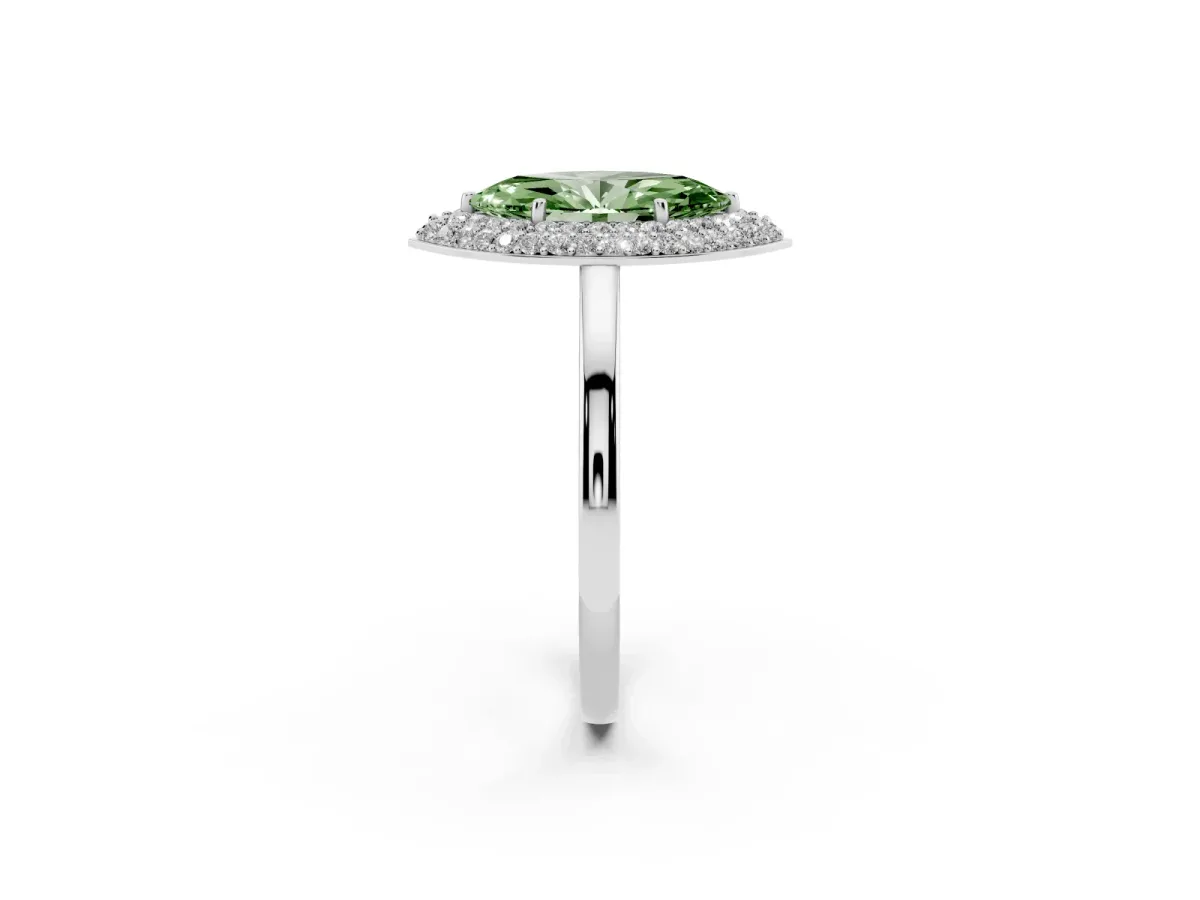 Fancy Green Marquise Cut Halo Diamond Engagement Ring with Solitaire Band and Four-Prong Setting Silver
