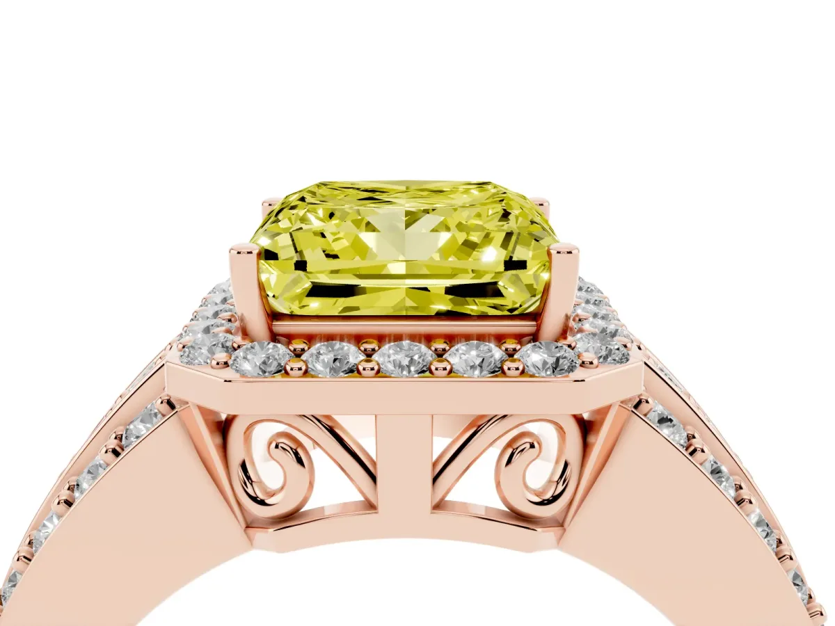 Fancy Yellow Princess Cut Halo Diamond Ring with Round Split Shank and Prong Setting Rose gold