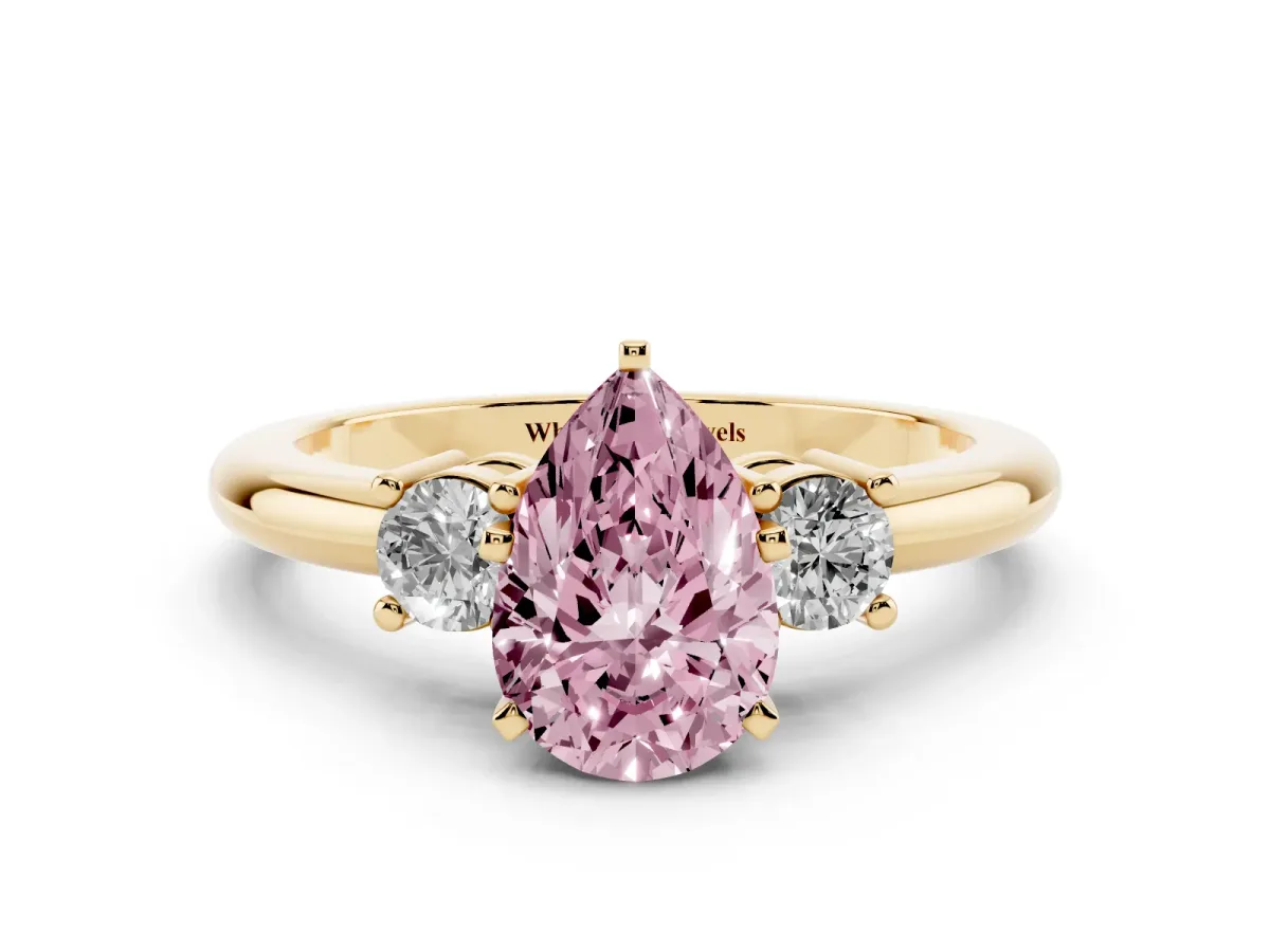 Fancy Pink Three-Stone Pear Cut Cut Diamond Solitaire with Prong Setting and Classic Band Yellow gold