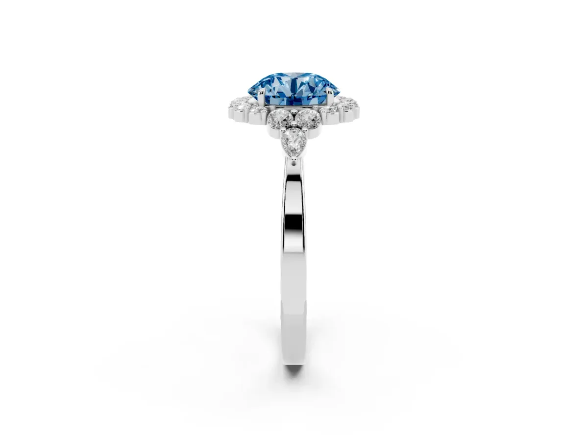 Fancy Blue Round Cut Diamond Halo Ring with Pear Side Stones and Prong Setting Silver