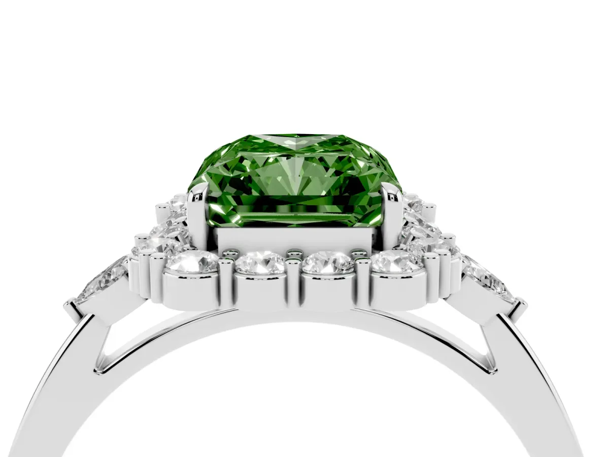 Fancy Green Radiant Cut Diamond Halo Ring with Pear Side Stones and Prong Setting Platinum