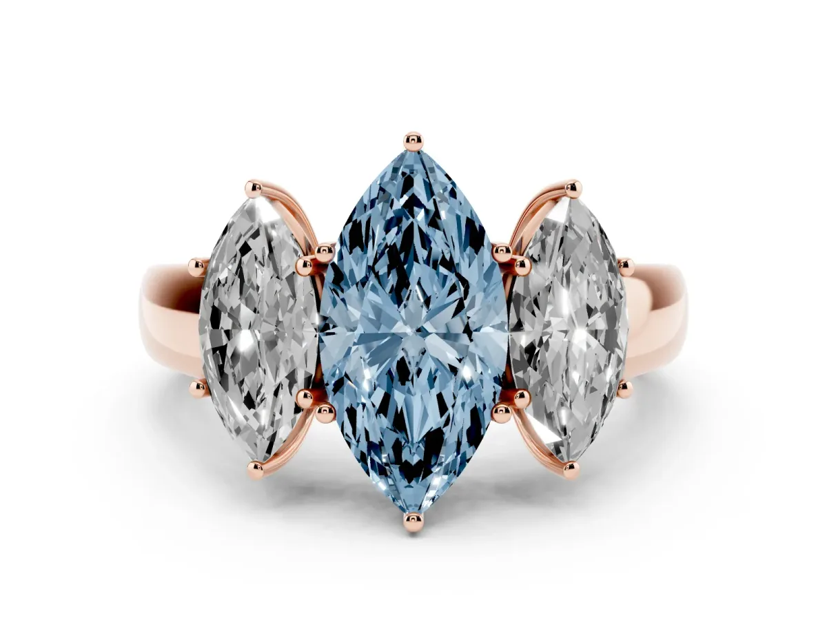 Fancy Blue Three-Stone Marquise Cut Cut Diamond Ring with Prong Setting and Classic Band Rose gold