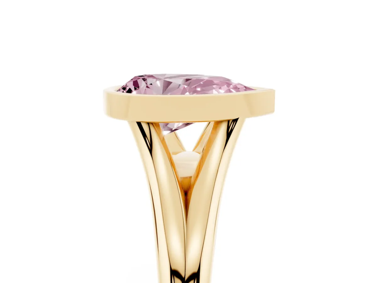 Fancy Pink Bezel Set Pear Cut Cut Solitaire Ring with Tapered Band Yellow gold