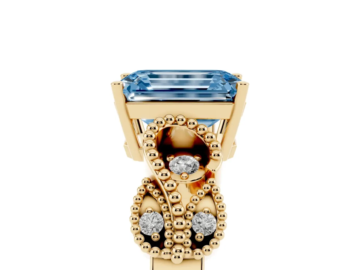 Fancy Blue Emerald Cut Solitaire Milgrain Leaf Band with Prong Setting Yellow gold