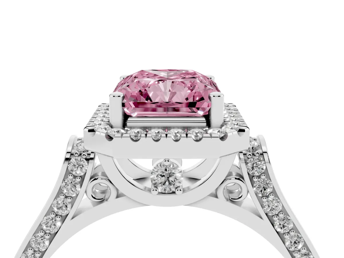 Fancy Pink Radiant Cut Halo Pave Split Shank Prong Setting Ring Silver
