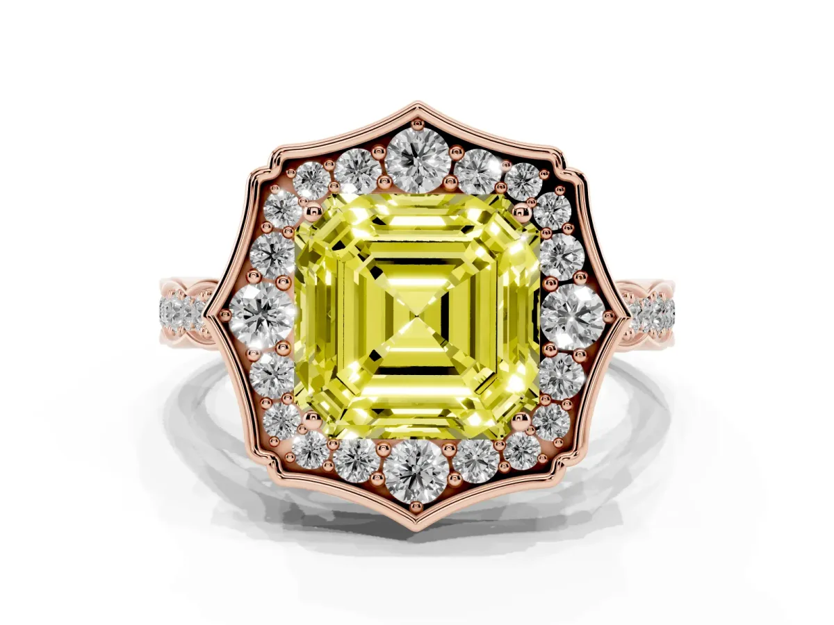 Fancy Yellow Asscher Cut Halo Diamond Engagement Ring with Milgrain Band and Four-Prong Setting Rose gold