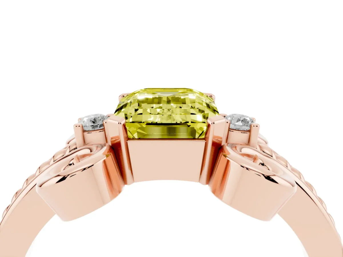 Fancy Yellow Emerald Cut Solitaire Twisted Band Scroll Prong Ring Rose gold