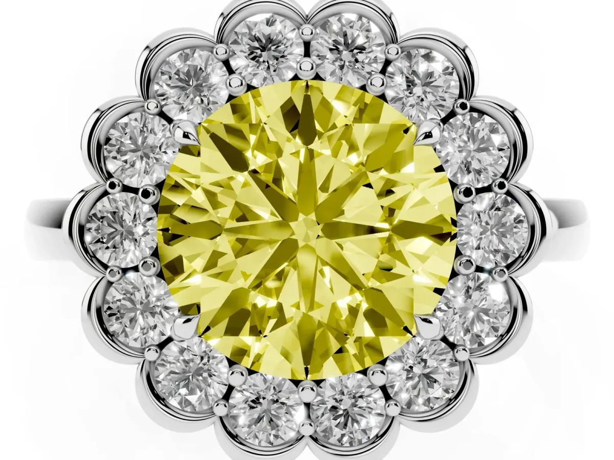 Fancy Yellow Round Cut Halo Cluster Diamond Engagement Ring with Solitaire Band and Prong Setting Platinum