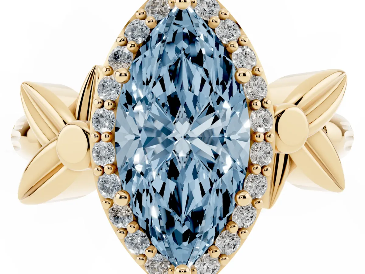 Fancy Blue Marquise Cut Halo Diamond Floral Band with Four-Prong Setting Yellow gold