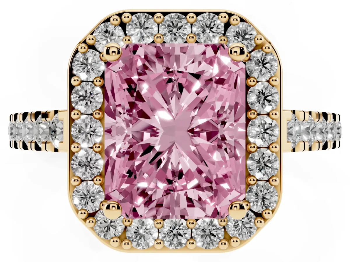 Fancy Pink Radiant Cut Diamond Halo Ring with Round Pavé Split Shank and Prong Setting Yellow gold