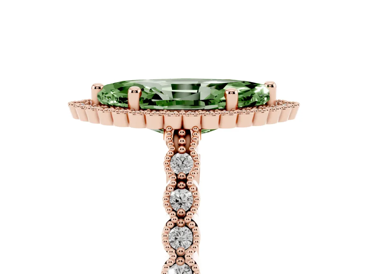 Fancy Green Marquise Cut Cut Halo Pavé Solitaire Ring with Milgrain Band Rose gold