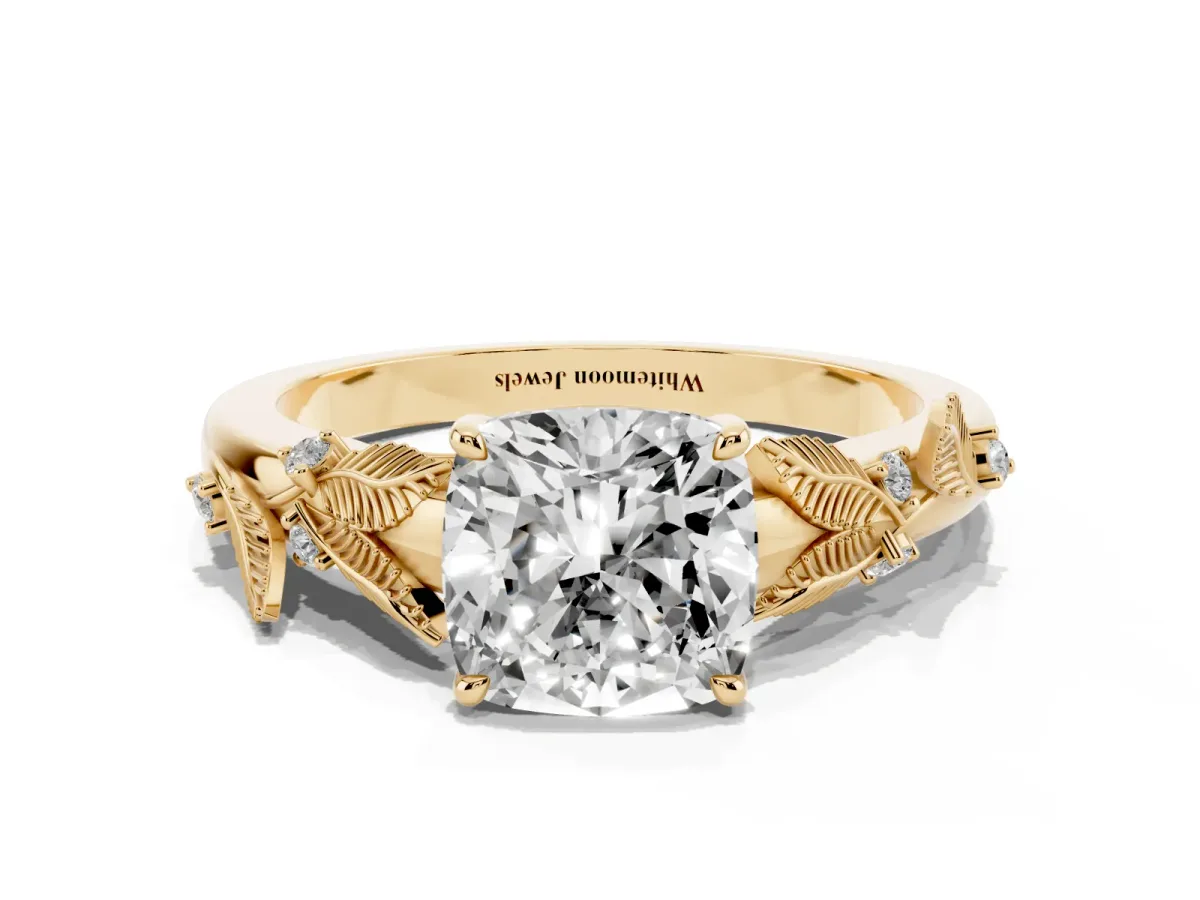 Cushion Cut Diamond Solitaire Ring with Leaf Motif Band and Four-Prong Setting Yellow gold