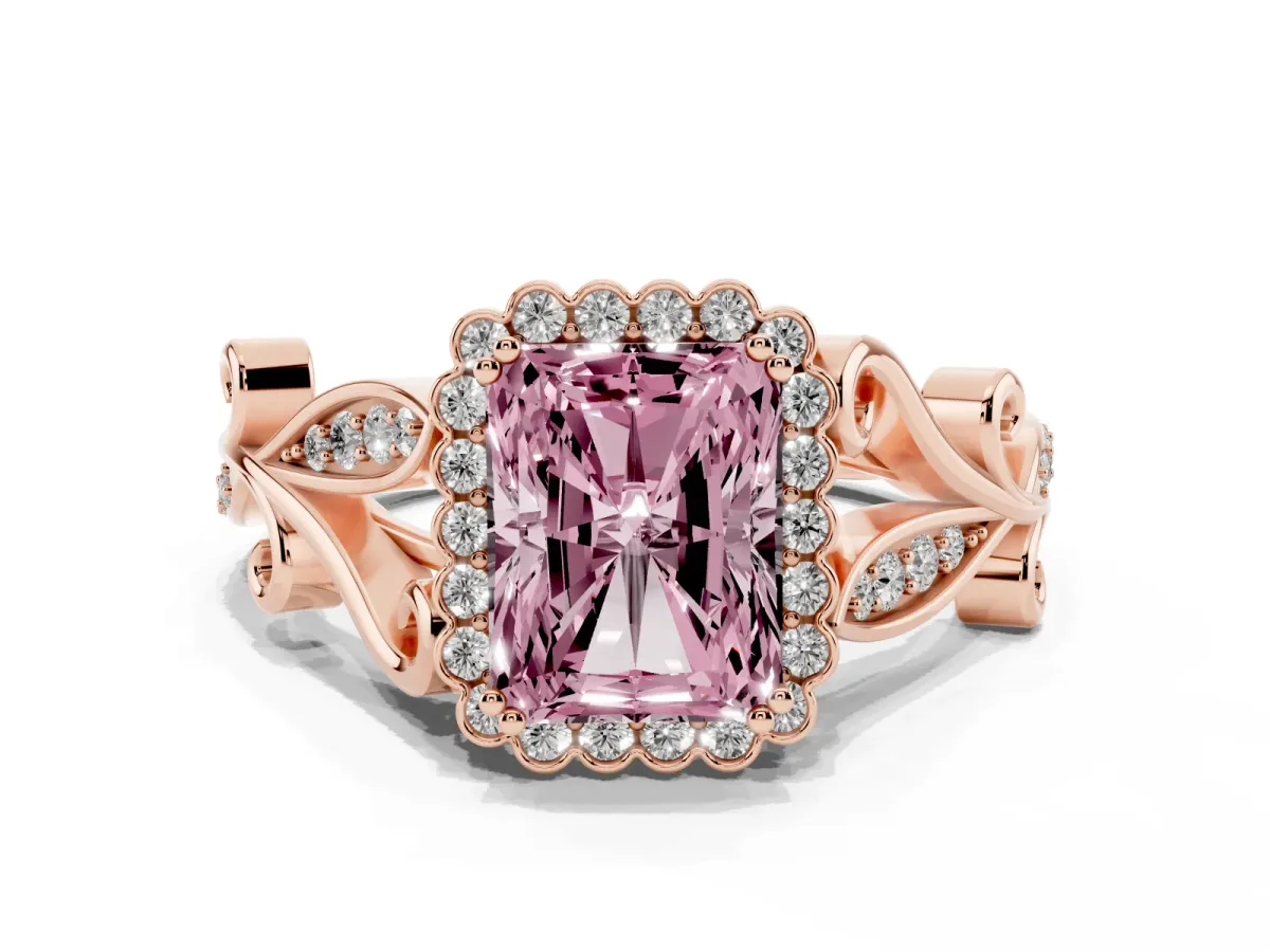 Fancy Pink Radiant Cut Diamond Halo Ring with Vintage Split Shank and Four-Prong Setting Rose gold