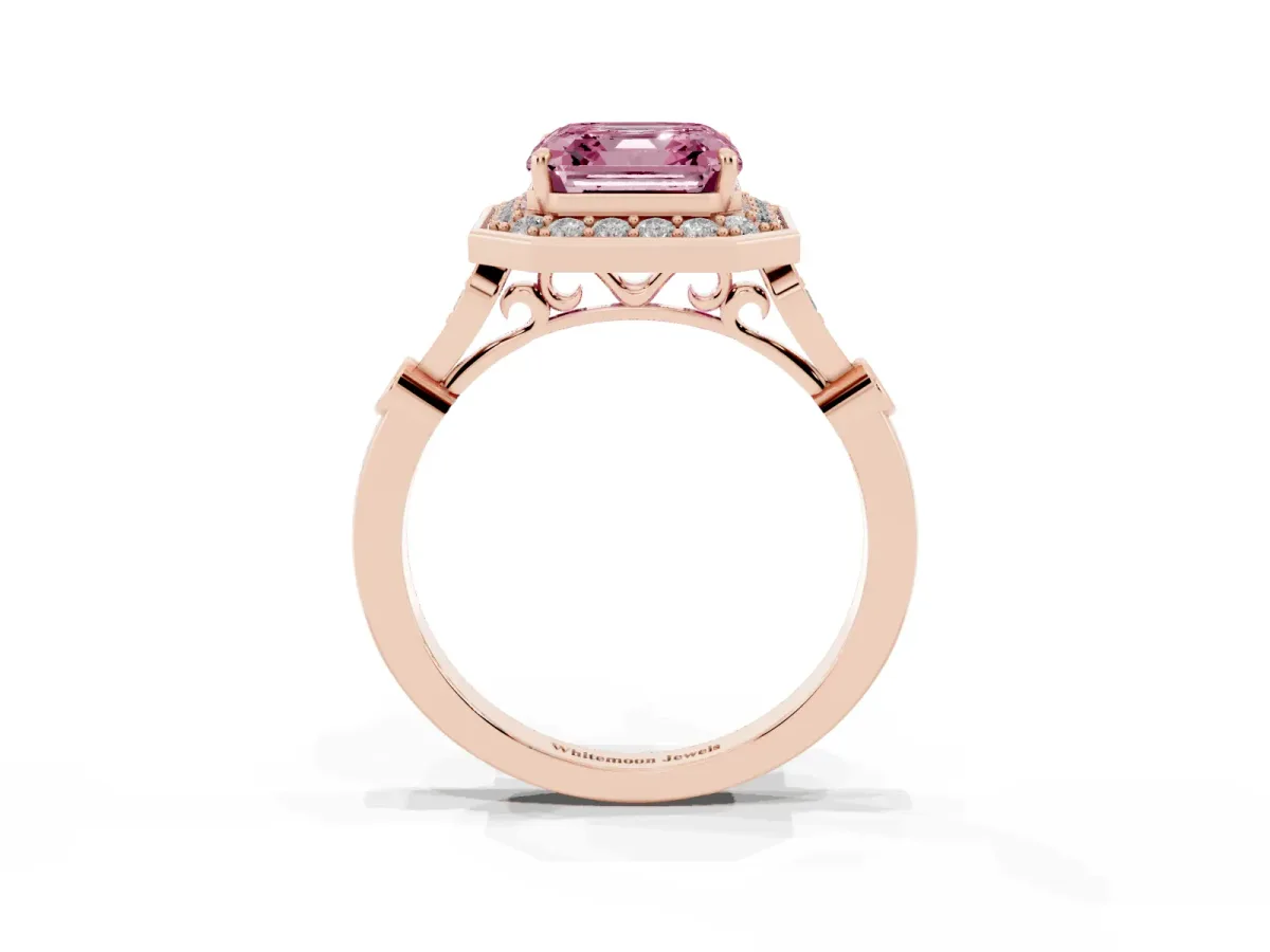 Fancy Pink Asscher Cut Halo Diamond Engagement Ring with Twisted Band and Four-Prong Setting Rose gold