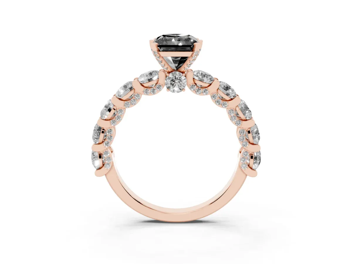 Fancy Black Radiant Cut Diamond Side Stone Engagement Ring with Four-Prong Setting Rose gold