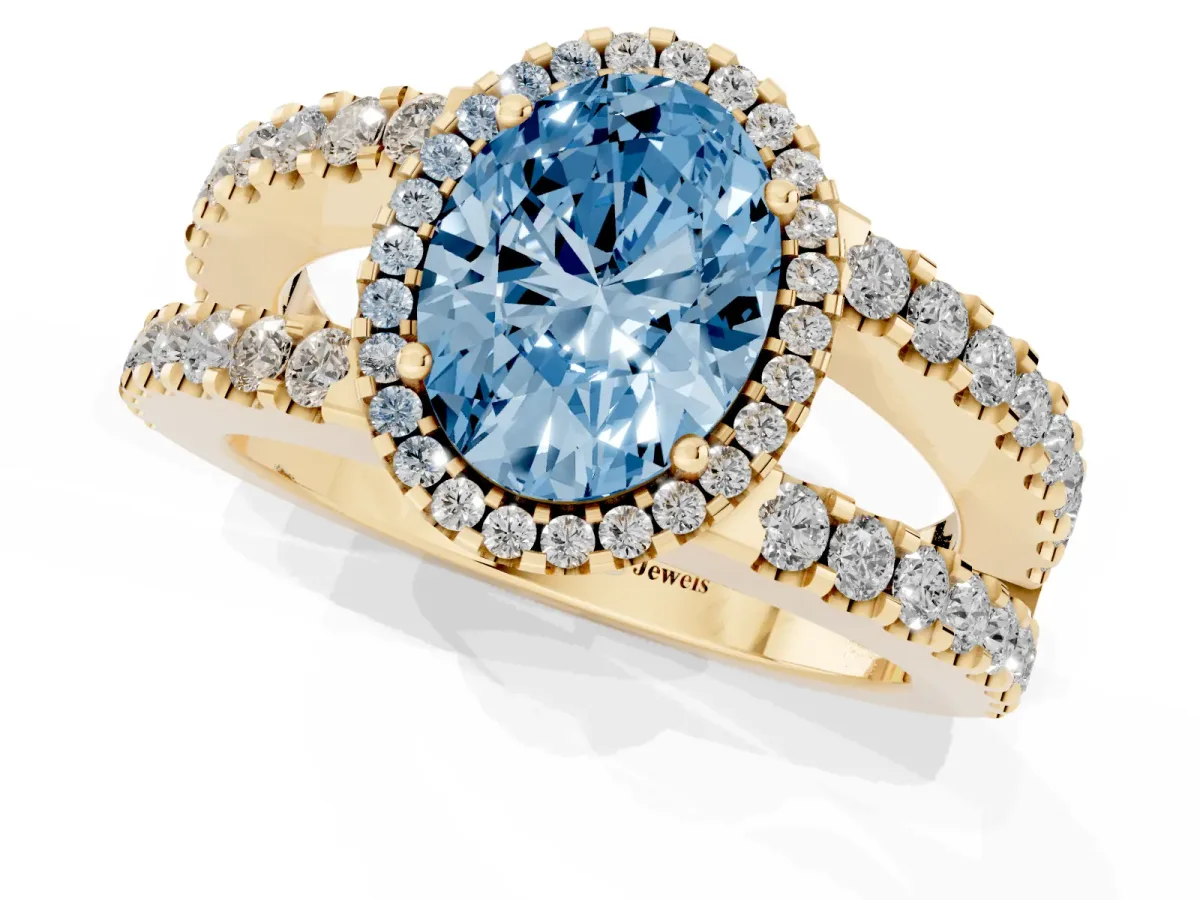 Fancy Blue Oval Cut Cut Halo Split Shank Diamond Ring with Four-Prong Setting Yellow gold