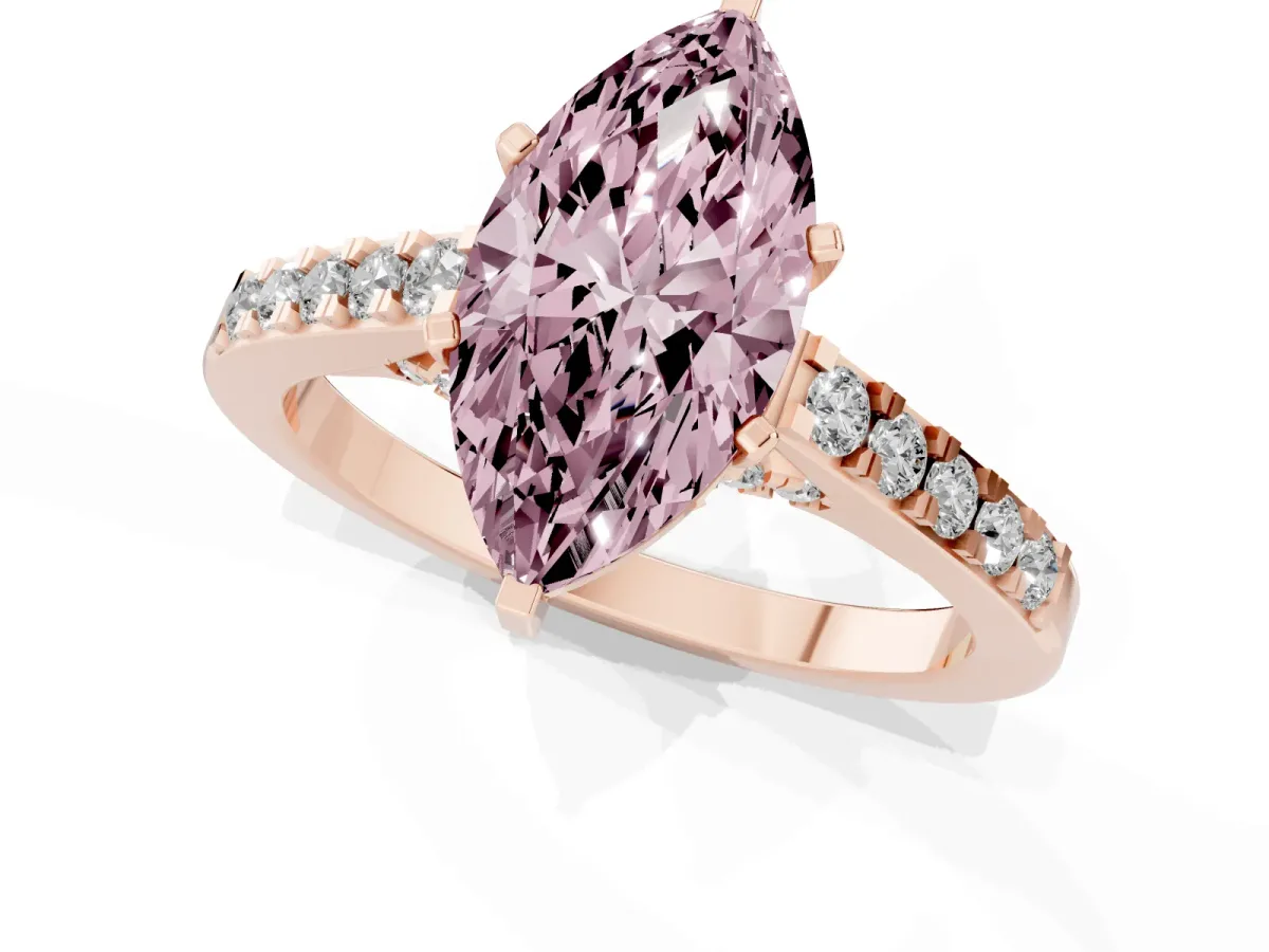 Fancy Pink Marquise Cut Diamond Solitaire Ring with Crossover Gallery and Round Pavé Band Rose gold