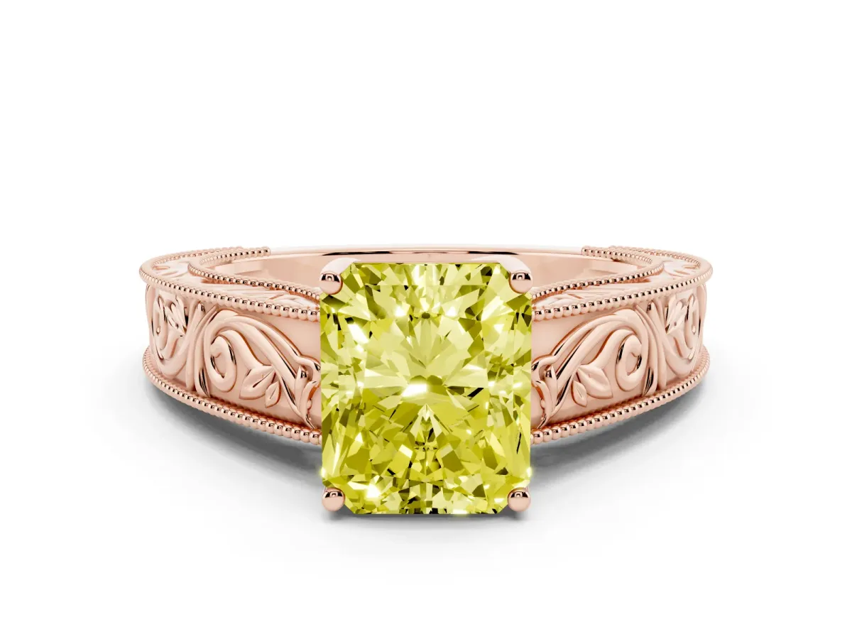 Fancy Yellow Radiant Cut Diamond Solitaire Ring with Engraved Band and Four-Prong Setting Rose gold