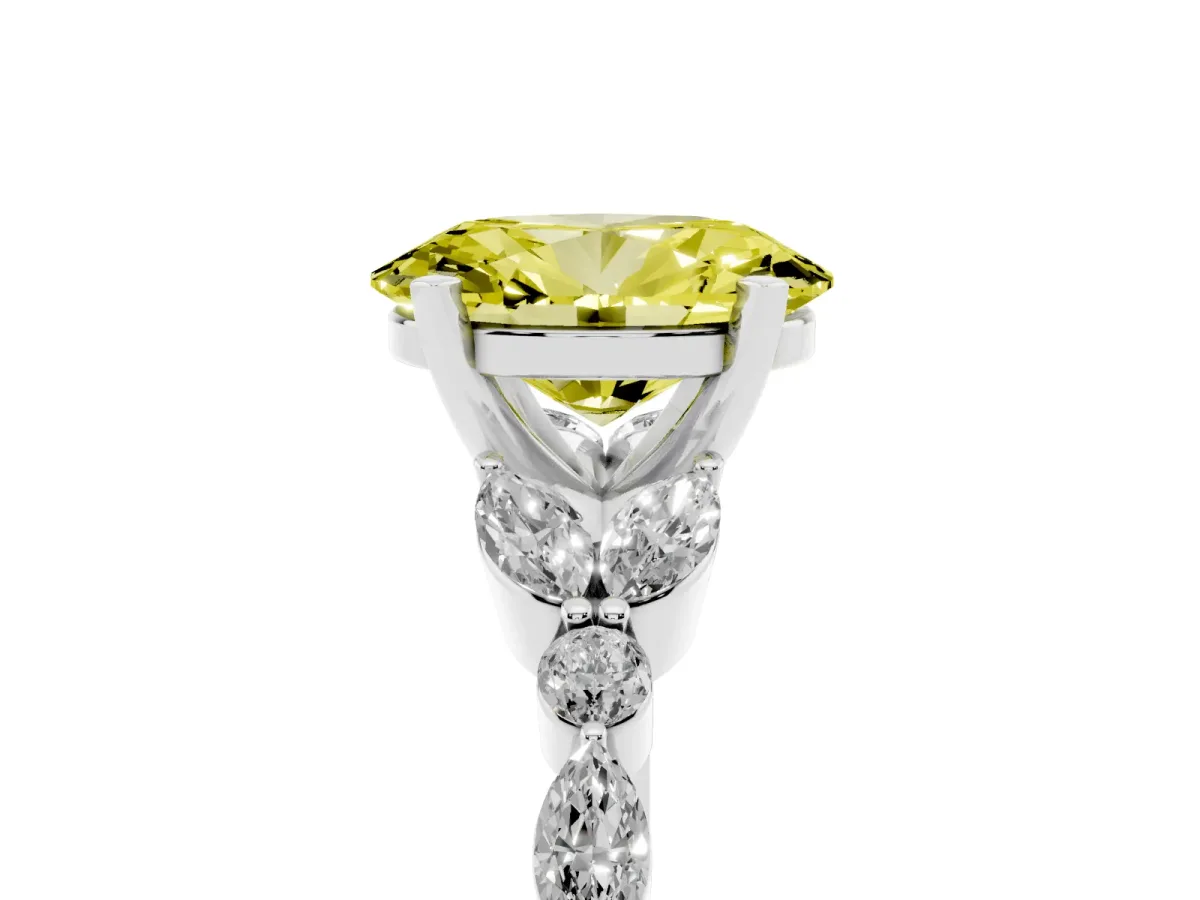 Fancy Yellow Oval Cut Diamond Solitaire Ring with Side Stones and Four-Prong Setting Silver