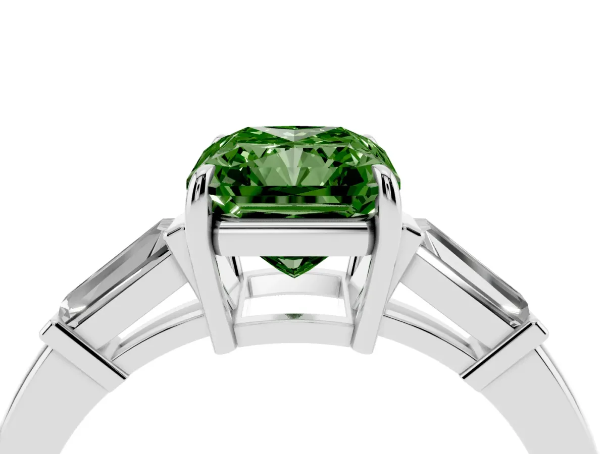 Fancy Green Radiant Cut Diamond Three-Stone Ring with Tapered Baguette Side Stones and Prong Setting Silver
