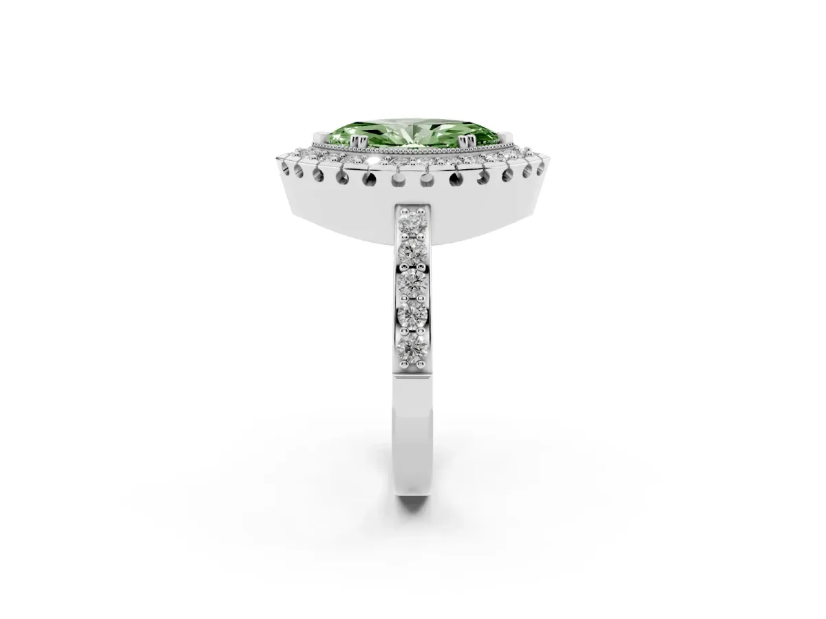 Fancy Green Marquise Cut Diamond Halo Ring with Pavé Band and Prong Setting White gold