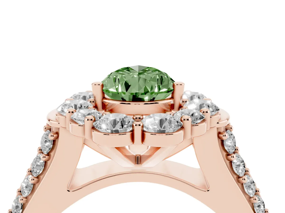 Fancy Green Pear Cut Halo Diamond Engagement Ring with Split Shank and Prong Setting Rose gold