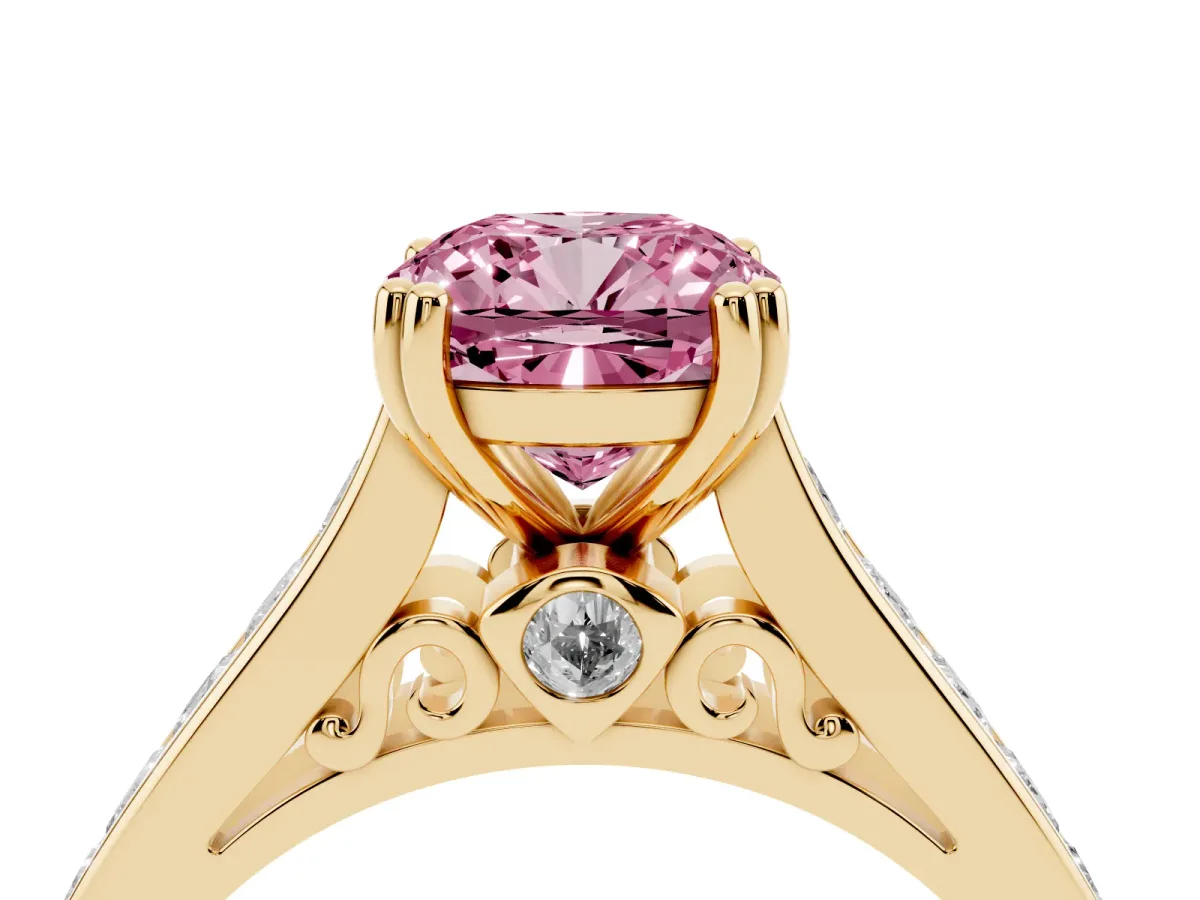 Fancy Pink Cushion Cut Cut Channel Set Solitaire Engagement Ring with Prong Setting Yellow gold