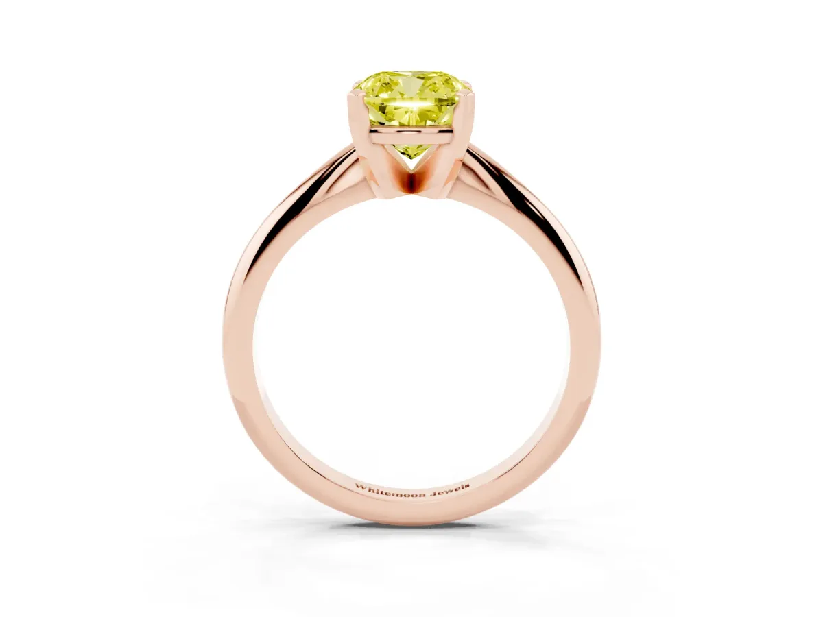 Fancy Yellow Cushion Cut Cut Solitaire Ring with Four-Prong Setting on a Classic Band Rose gold