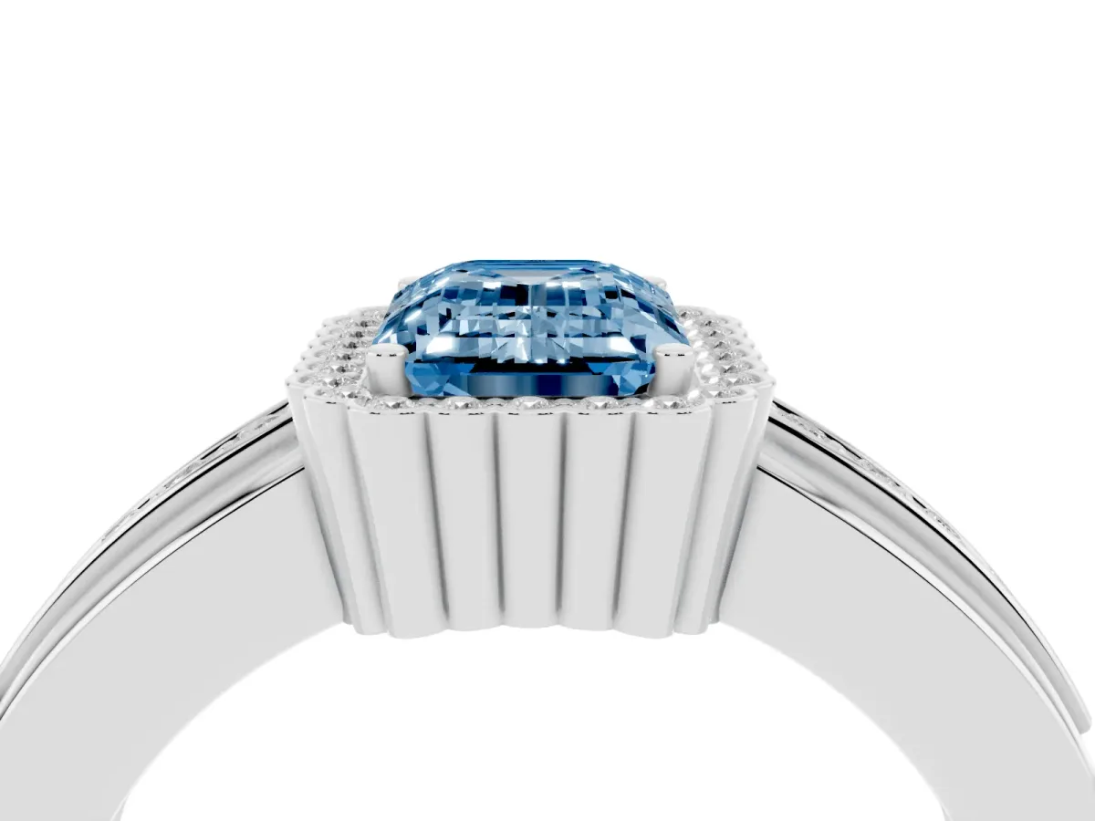 Fancy Blue Emerald Cut Cut Halo Pave Band Four-Prong Ring Silver