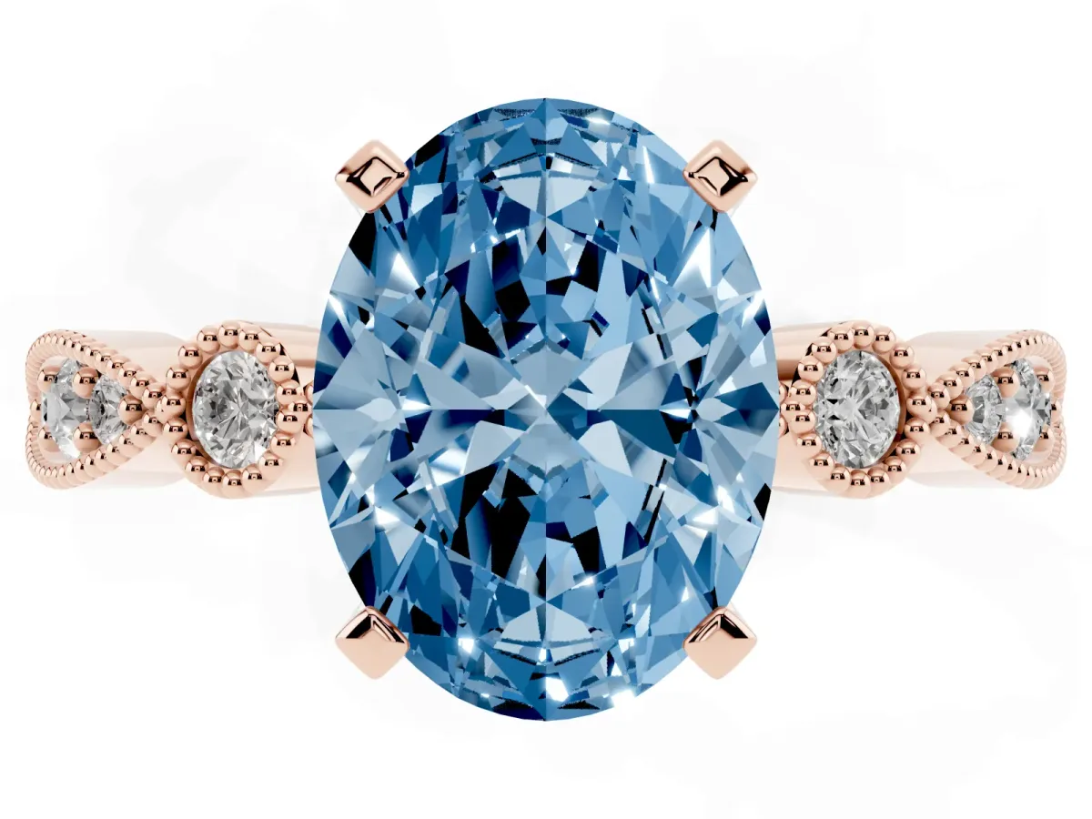 Fancy Blue Oval Cut Milgrain Bezel Diamond Engagement Ring with Solitaire Prong Setting Rose gold