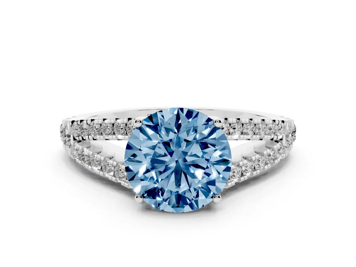 Fancy Blue Round Cut Diamond Split Shank Pavé Engagement Ring with Four-Prong Setting White gold