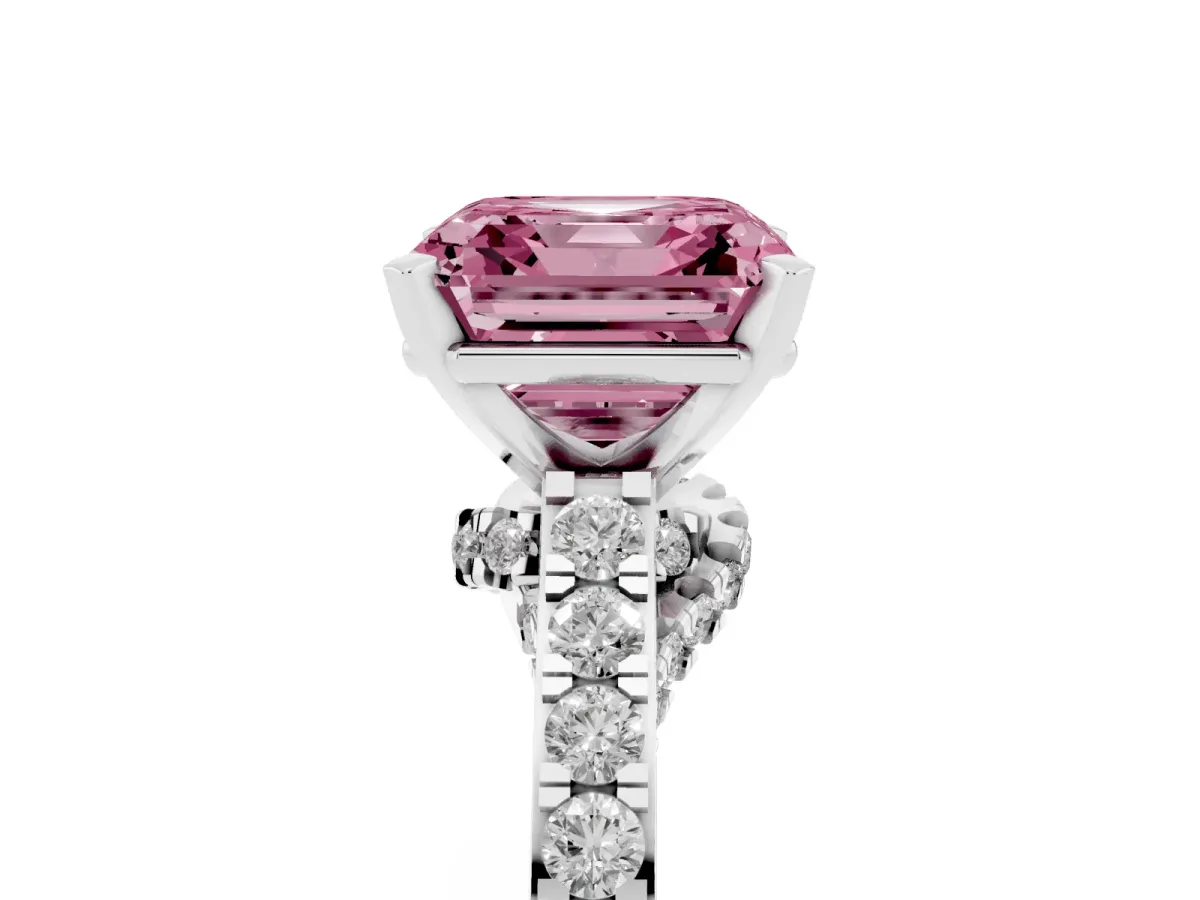 Fancy Pink Asscher Cut Diamond Solitaire Ring with Crossover Gallery and Round Pavé Band Platinum