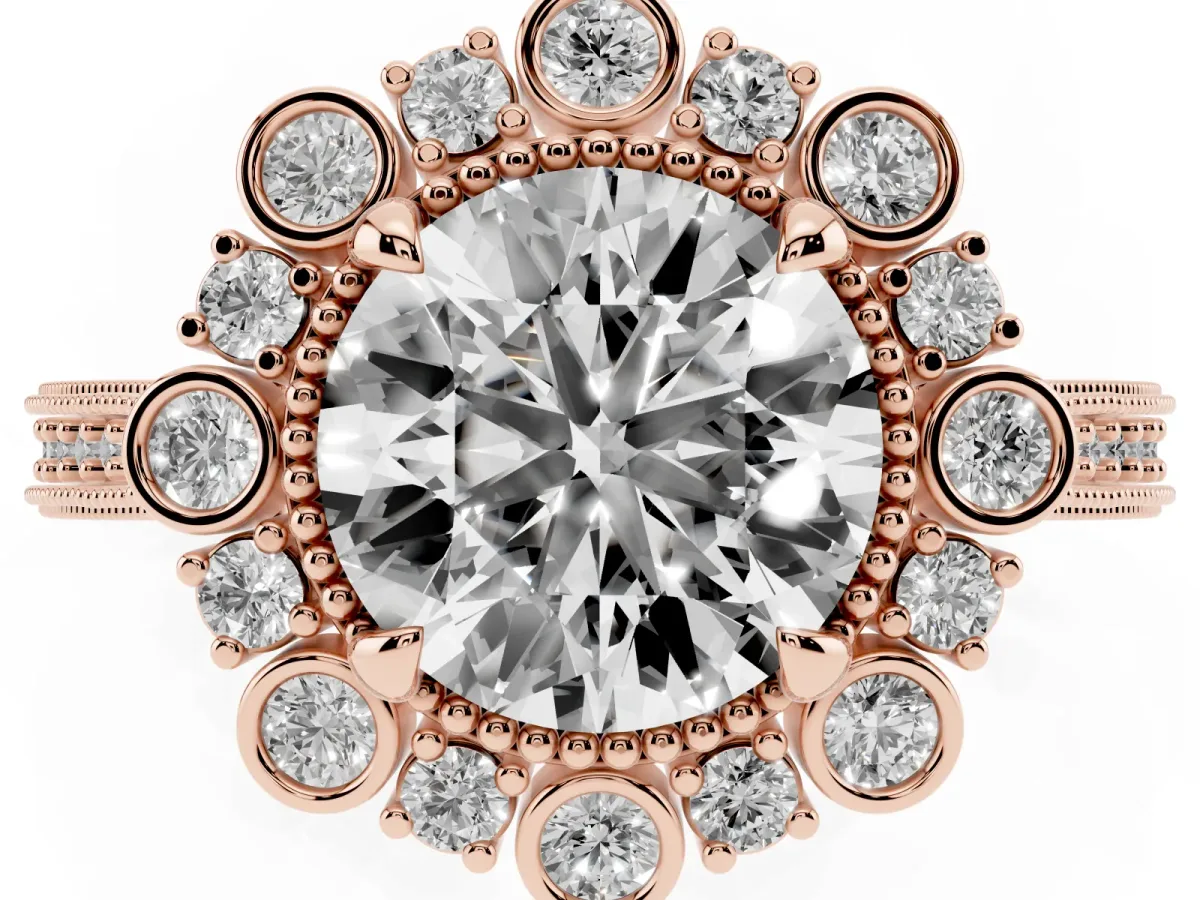 Round Cut Halo Milgrain Pave Diamond Ring with Four-Prong Setting Rose gold