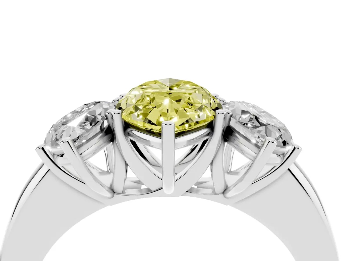 Fancy Yellow Marquise Cut Diamond Three-Stone Ring with Four-Prong Setting and Classic Band Silver
