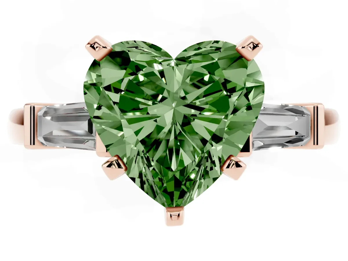 Fancy Green Heart Cut Cut Diamond Solitaire Ring with Tapered Baguette Accents and Four-Prong Setting Rose gold