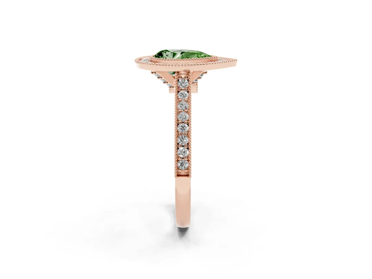 Fancy Green Halo Pear Cut-Cut Diamond Pave Band Milgrain Prong Setting Ring Rose gold